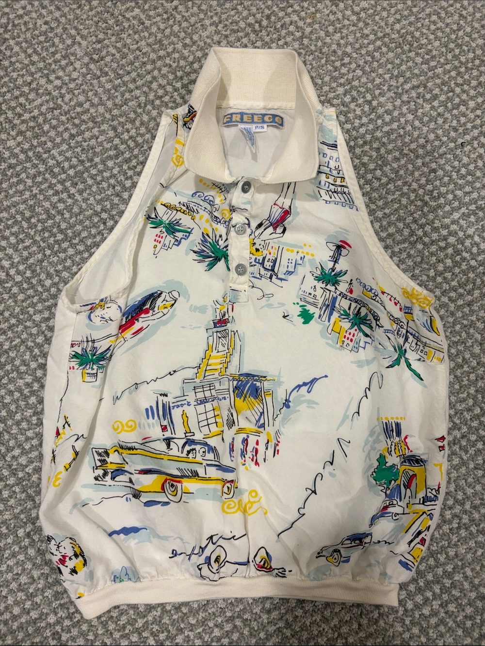 Vintage FREEGO Brand Sleeveless Polo Tank Top with Coastal City Motif